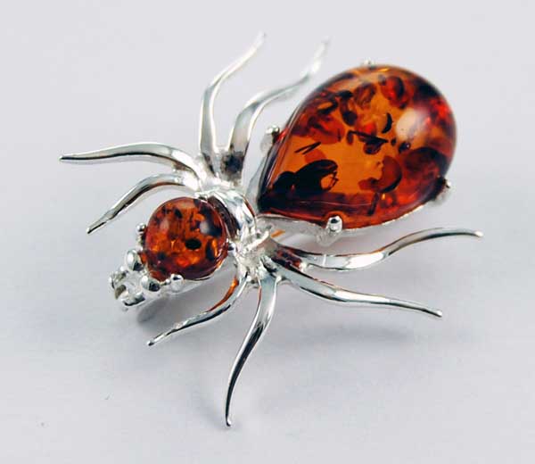 Brooch Amber Silver Spider Cognac Colour