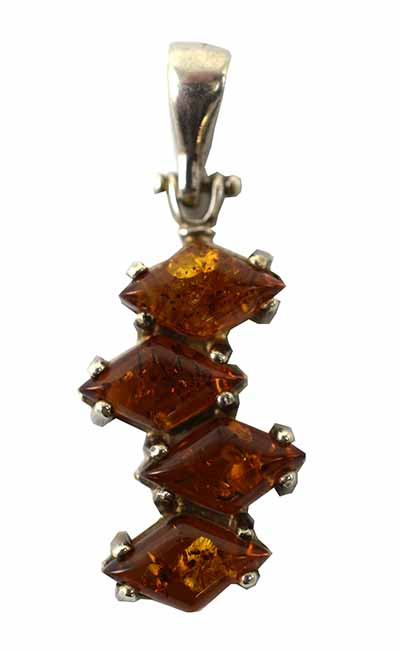 Amber Pendant 4 Diamond Drop 925 Sterling Silver