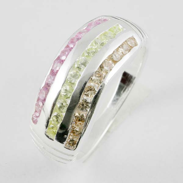 silver Ring Triple Colour Stones