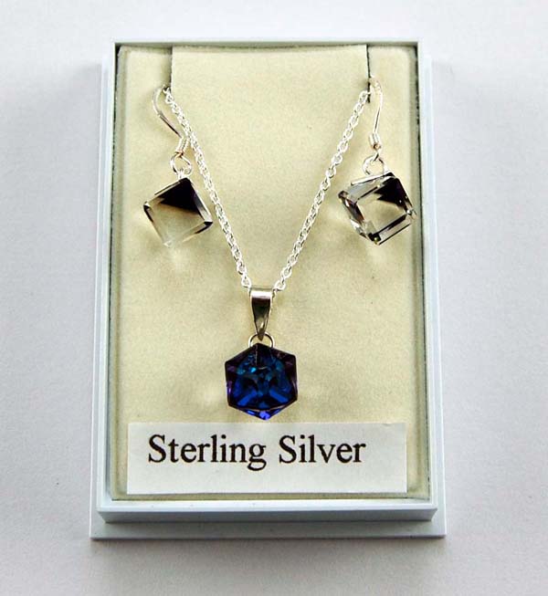 Earring Pendant Set Silver Cube Crystal
