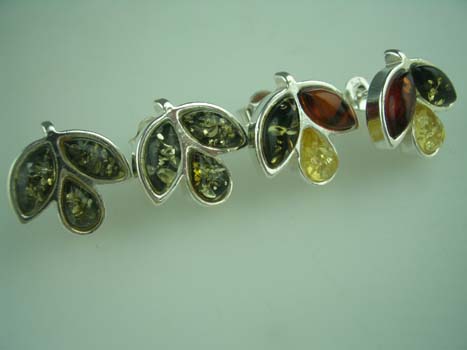 Amber Earring 3 Leaf Stud 925 Sterling Silver 925 Sterling Silve
