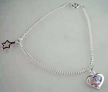 Silver Bracelet Stone Heart 925 Sterling. Clear or Purple