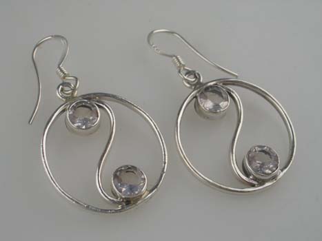 Silver Earring  Circle 3 Stones 925 Sterling Silver