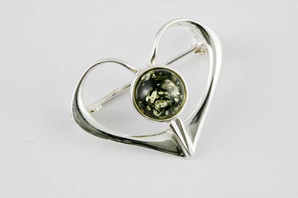 Amber Brooch Heart Green