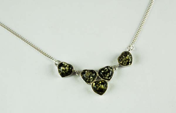 Necklace Amber Green Hearts 5 Stones