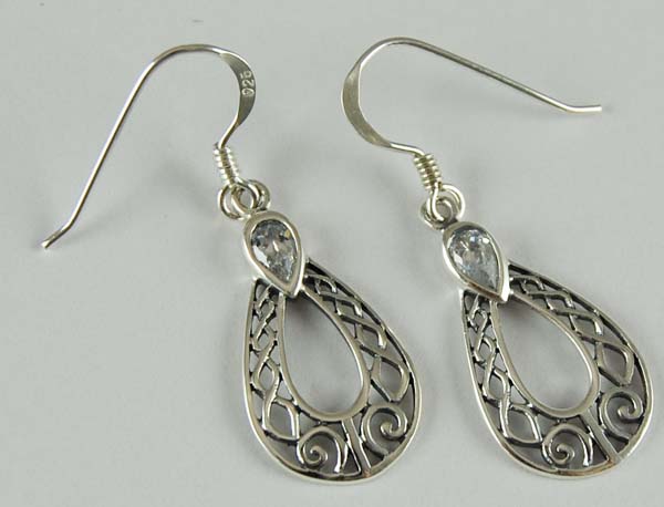 Earring Silver Tear Drop With Clear Stone