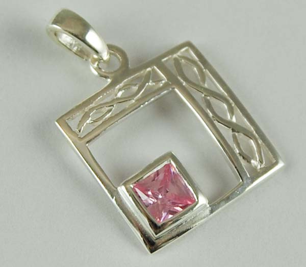 Pendant Silver Square Cut With Pink Stone
