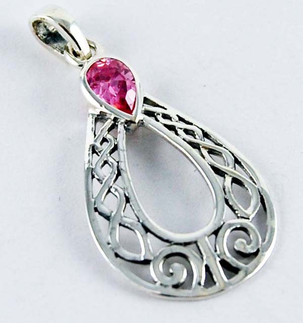 Pendant Silver Tear Drop With Pink Stone