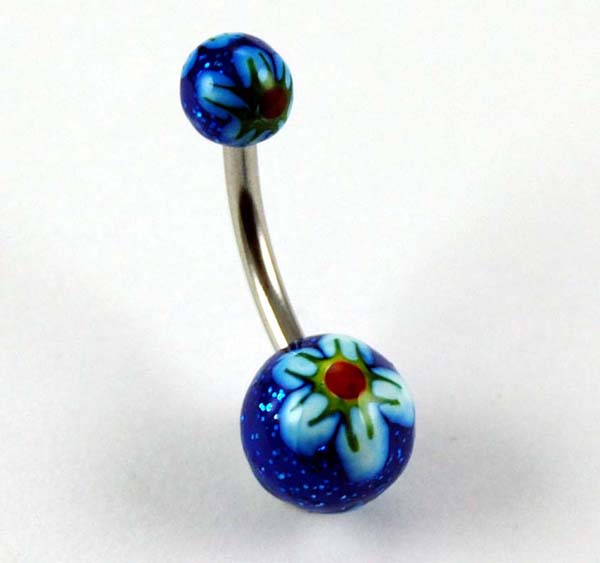 Body Piercing Banana Bar Blue Flower Hand Painted 2pcs In A Pack