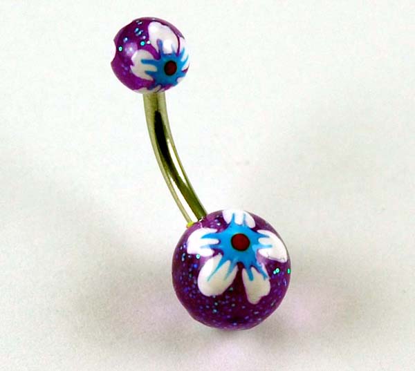 Body Piercing Banana Bar Purple Flower Hand Painted 2pcs In A Pa