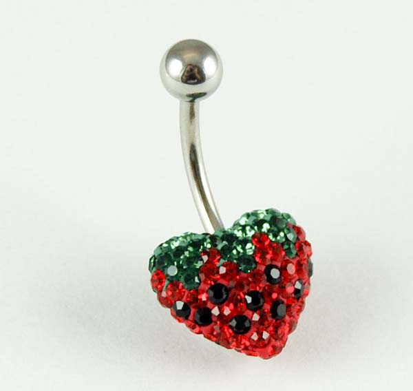 Body Piercing Banana Bar Heart Red And Green Stones