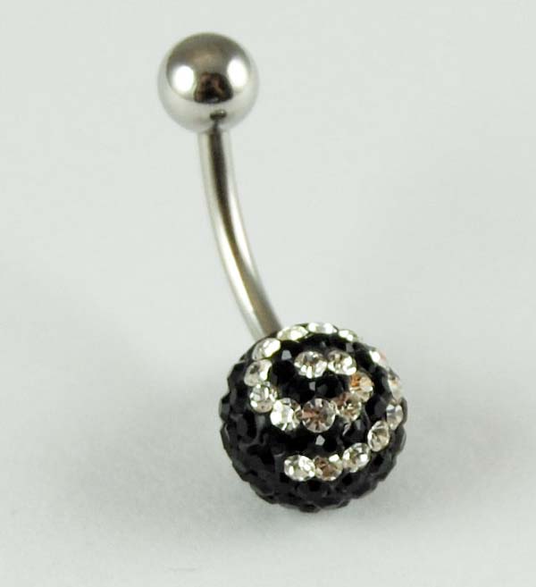 Body Piercing Banana Bar Ball Black And Clear Stones