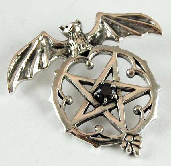 Pendant Silver Pentagram In Circle With Bat And Black Stone
