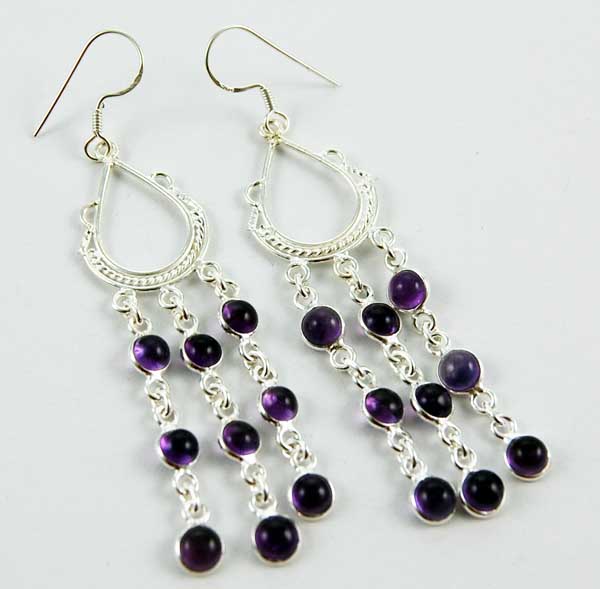 Earring Silver Amethyst Tear Drop Shape With Stones