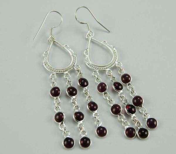 Earring Silver Garnet Tear Drop Shape With Stones