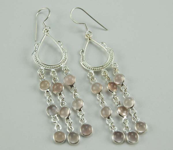 Earring Silver Rose Quartz Tear Drop Shape With Stones