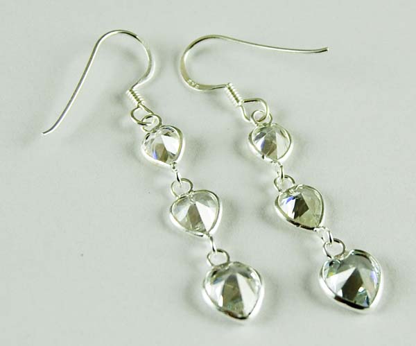 Earring Silver Heart Drops Clear Stones