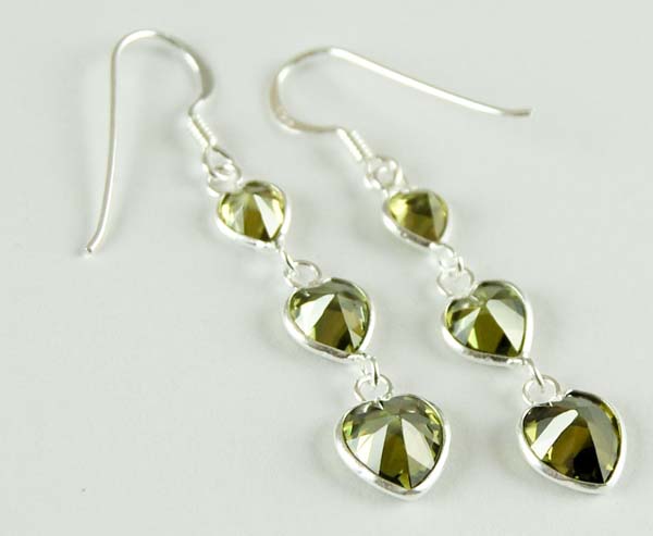 Earring Silver Heart Drops Green Stones