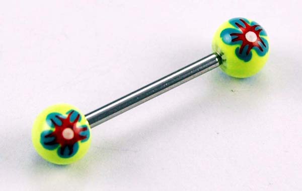 Body Piercing Barbell Green Flower Hand Painted 2pcs