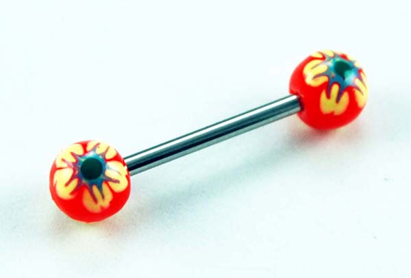 Body Piercing Barbell Orange Flower Hand Painted 2pcs