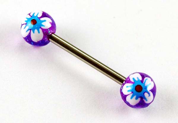 Body Piercing Barbell Purple Flower Glitter Hand Painted