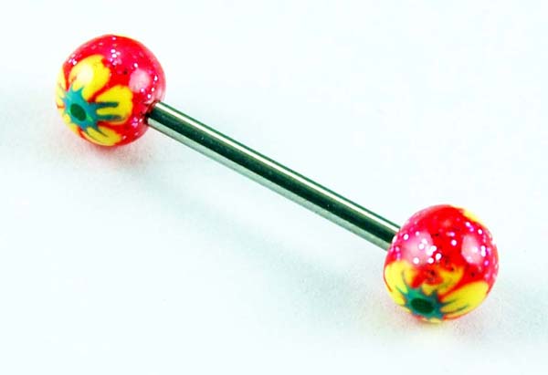 Body Piercing Barbell Pink Flower Glitter Hand Painted 2pcs