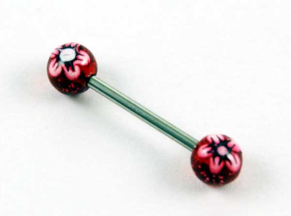 Body Piercing Barbell Red Flower Glitter Hand Painted