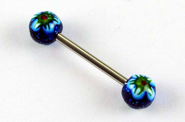 Body Piercing Barbell Blue Flower Glitter Hand Painted