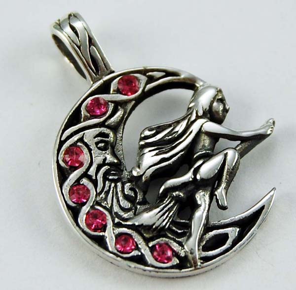 Pendant Silver Witch On Moon Pink