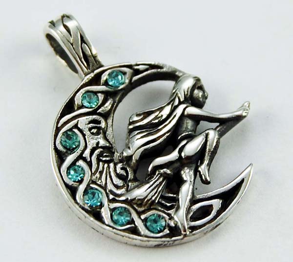 Pendant Silver Witch On Moon Blue