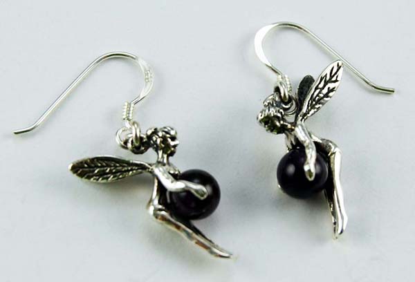 Earring Silver Fairy Holding 6mm Amethyst Bead