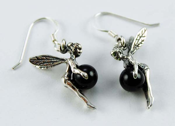 Earring Silver Fairy Holding 6mm Onyx Bead