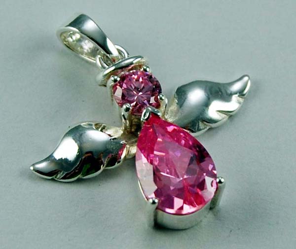 Pendant Silver Angel With Pink Cz Stone