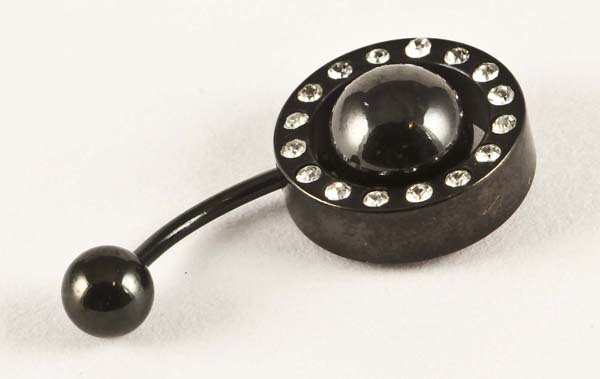 Body Piercing Banana Bar Black Circle With Clear Stones