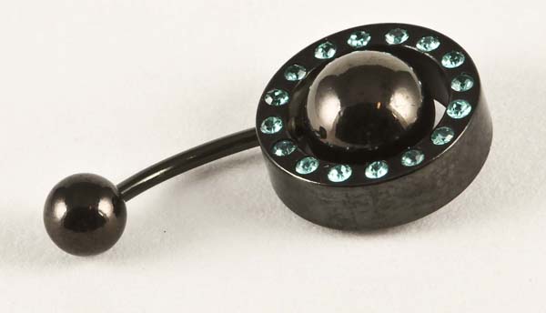 Body Piercing Banana Bar Black Circle With Aqua Stones