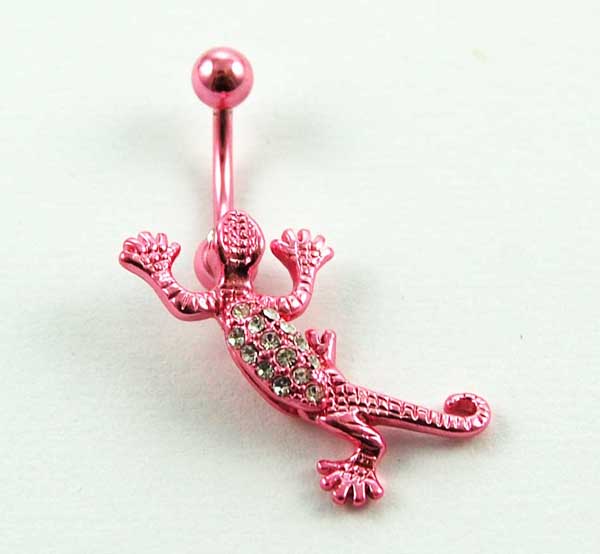 Body Piercing Banana Bar Pink Lizard With Clear Stones