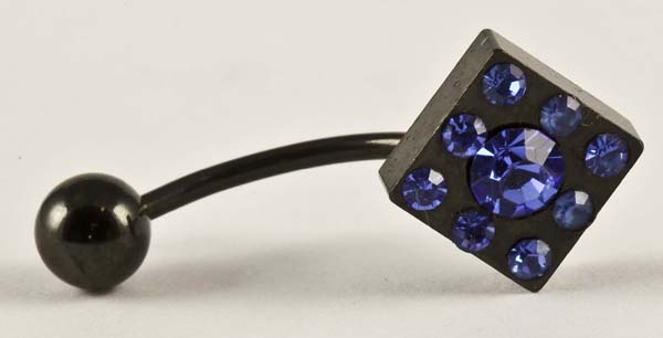 Body Piercing Banana Bar Black Square With Dark Blue Stones