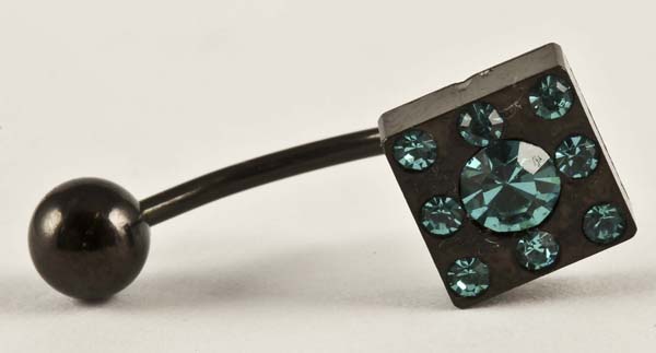 Body Piercing Banana Bar Black Square With Dark Green Stones