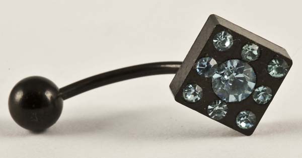 Body Piercing Banana Bar Black Square With Light Blue Stones