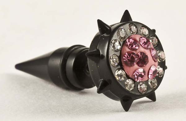 Body Piercing Plug Black With Pink And Clear Stones
