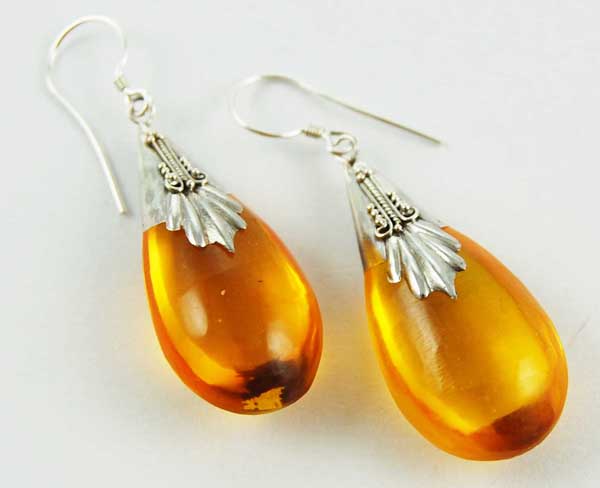 Earring Silver Drop Amber
