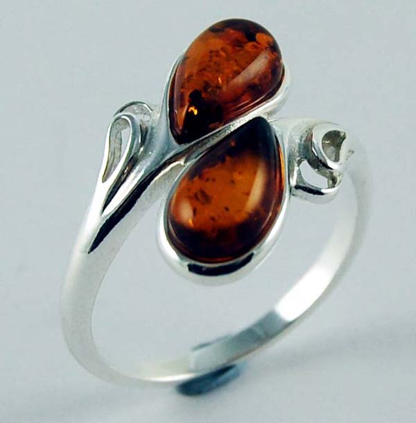 Ring Amber Double Plain Tear Drop Oval Stone Cognac