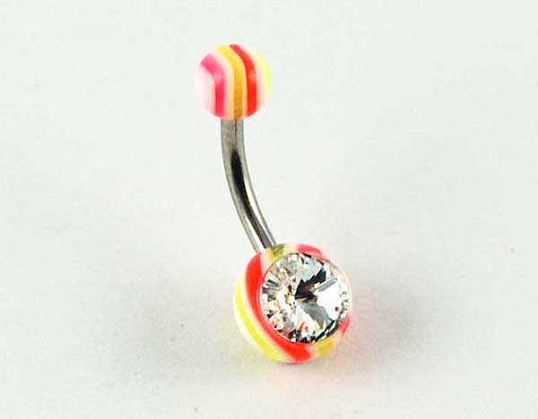 Body Piercing Banana Bar Wavy With Stone Pink And Green Stripes