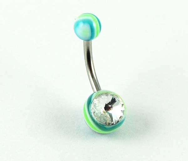 Body Piercing Banana Bar Wavy With Stone Blue And Green Stripes