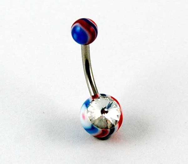 Body Piercing Banana Bar Wavy With Stone Red And Blue Stripes