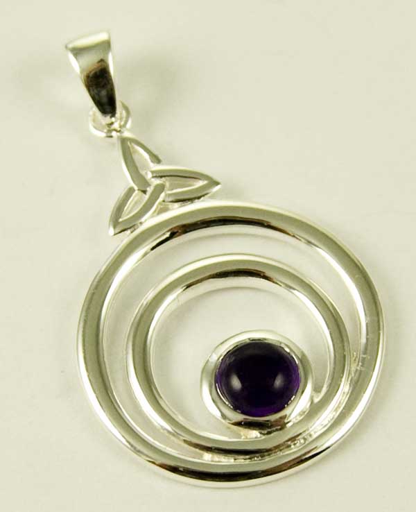 Pendant And Earring Set Silver Double Circle With Amethyst Stone