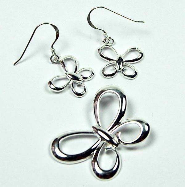 Pendant And Earring Set Silver With Plain Butterfly