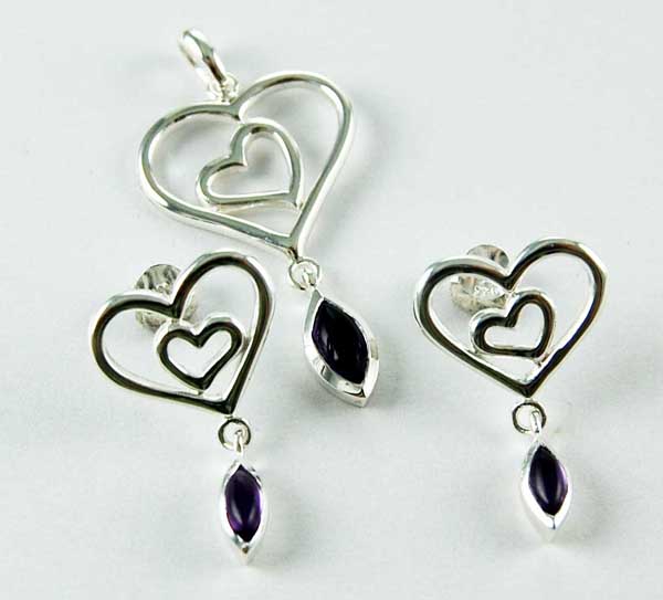 Pendant And Earring Set Silver Heart Amethyst
