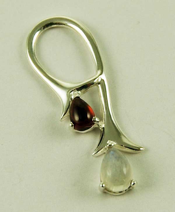 Pendant And Earring Set Silver Hook Shape Rainbow And Garnet