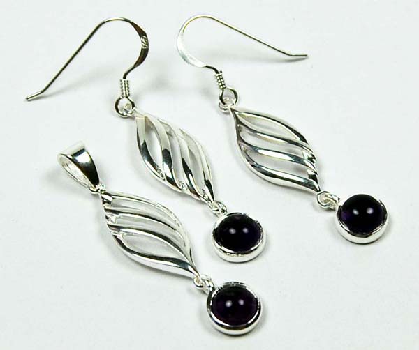 Pendant And Earring Set Silver Circle Drop Amethyst